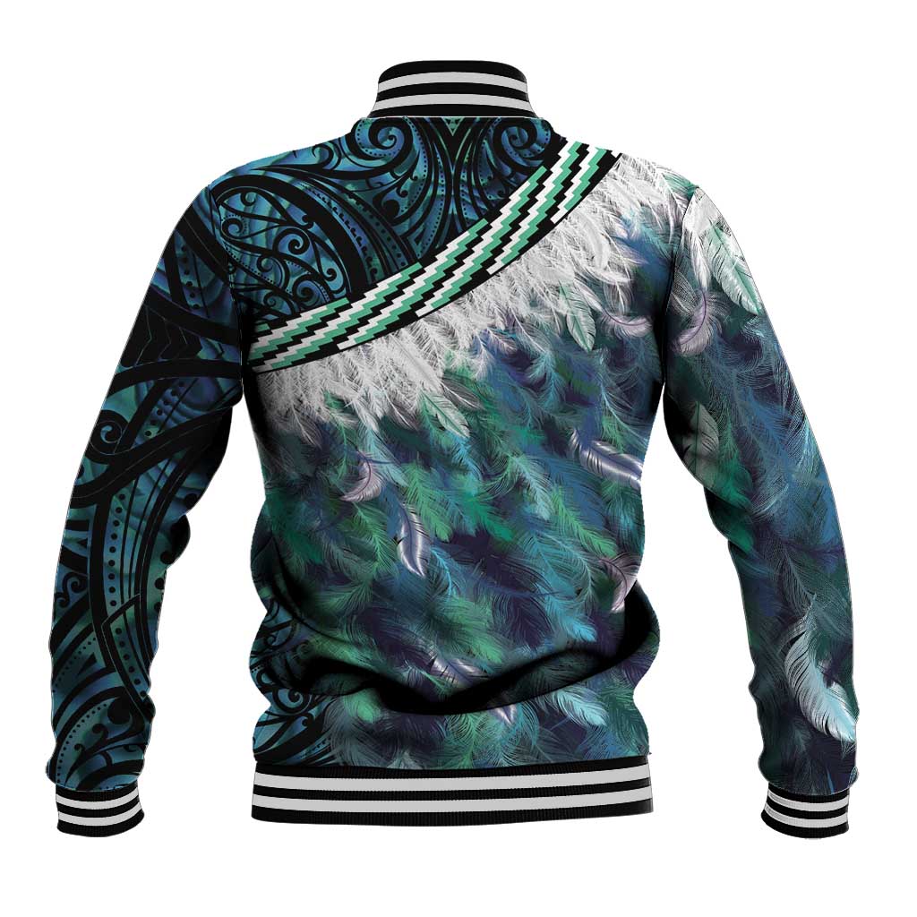 Turquoise Traditional Cloak Aotearoa Baseball Jacket Maori Paua Shell Korowai Pattern