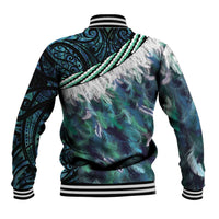 Turquoise Traditional Cloak Aotearoa Baseball Jacket Maori Paua Shell Korowai Pattern