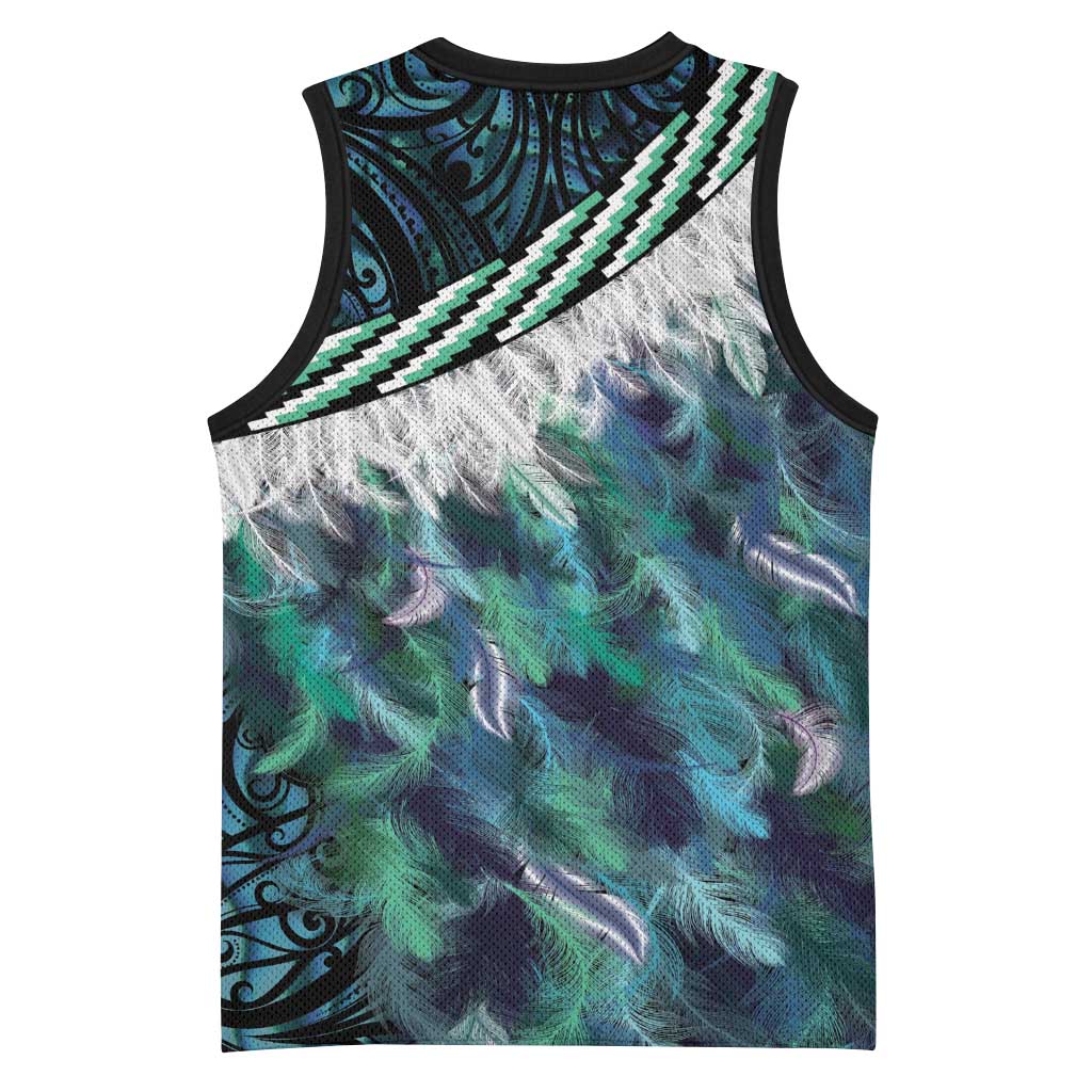 Turquoise Traditional Cloak Aotearoa Basketball Jersey Maori Paua Shell Korowai Pattern - Polynesian Pride