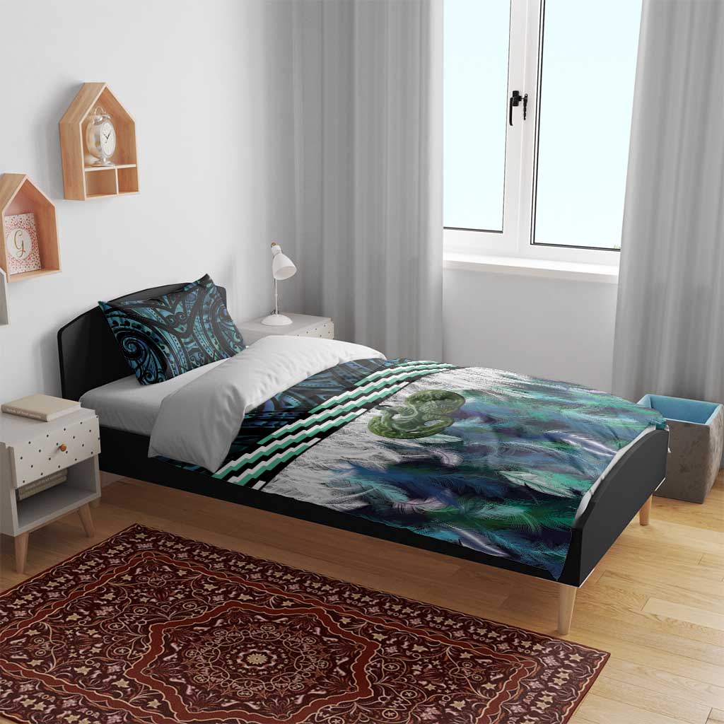 Turquoise Traditional Cloak Aotearoa Bedding Set Maori Paua Shell Korowai Pattern