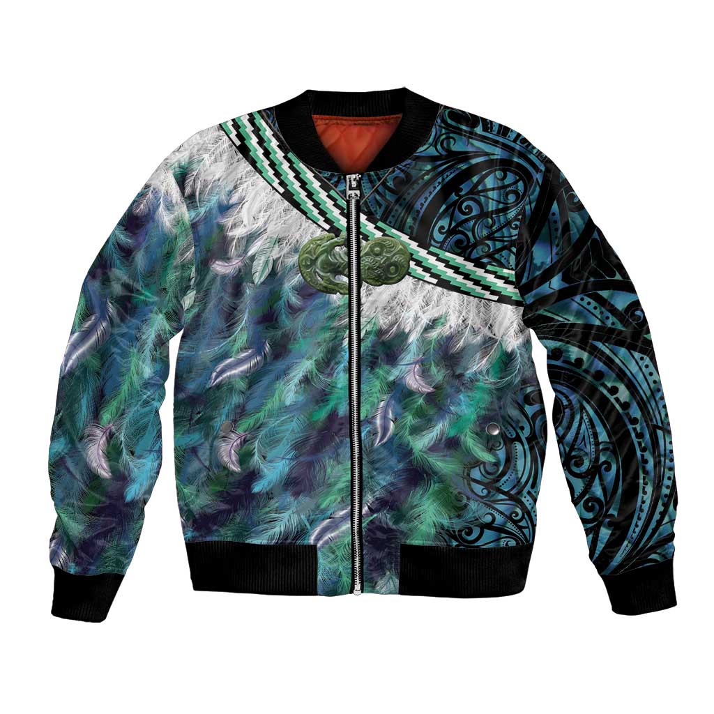Turquoise Traditional Cloak Aotearoa Bomber Jacket Maori Paua Shell Korowai Pattern LT14 Unisex Turquoise - Polynesian Pride