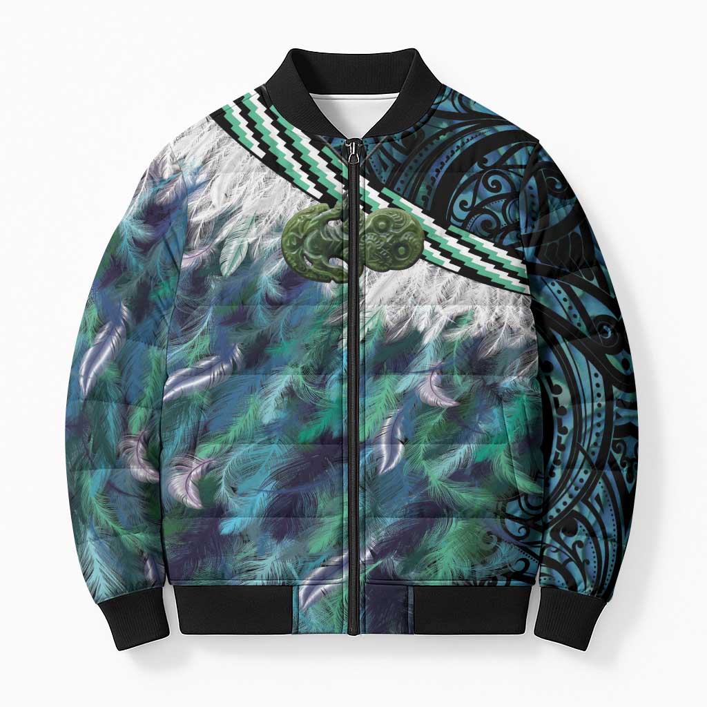 Turquoise Traditional Cloak Aotearoa Bomber Puffer Jacket Maori Paua Shell Korowai Pattern - Polynesian Pride