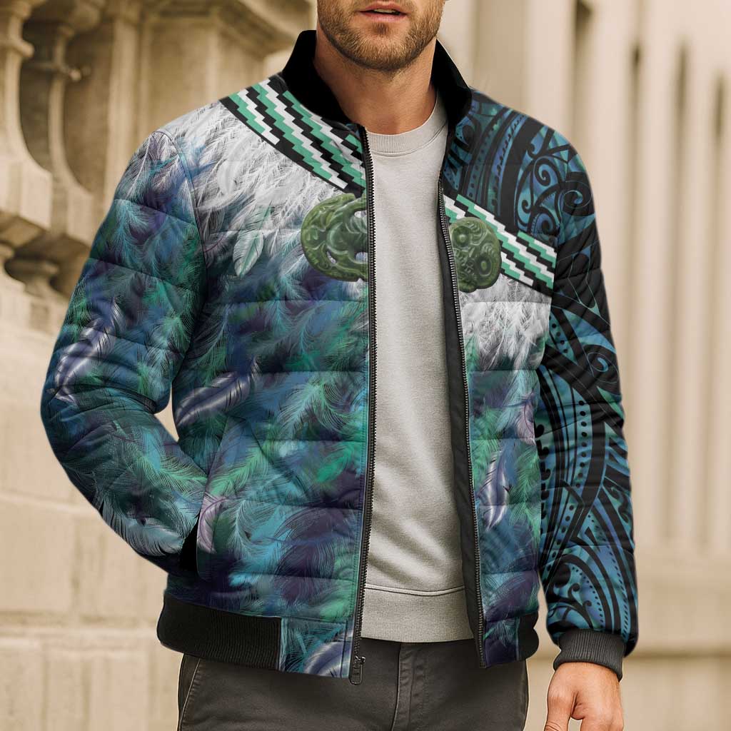 Turquoise Traditional Cloak Aotearoa Bomber Puffer Jacket Maori Paua Shell Korowai Pattern - Polynesian Pride