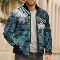 Turquoise Traditional Cloak Aotearoa Bomber Puffer Jacket Maori Paua Shell Korowai Pattern - Polynesian Pride