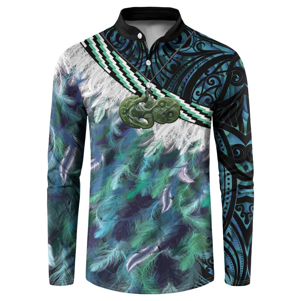 Turquoise Traditional Cloak Aotearoa Button Sweatshirt Maori Paua Shell Korowai Pattern LT14 Turquoise - Polynesian Pride