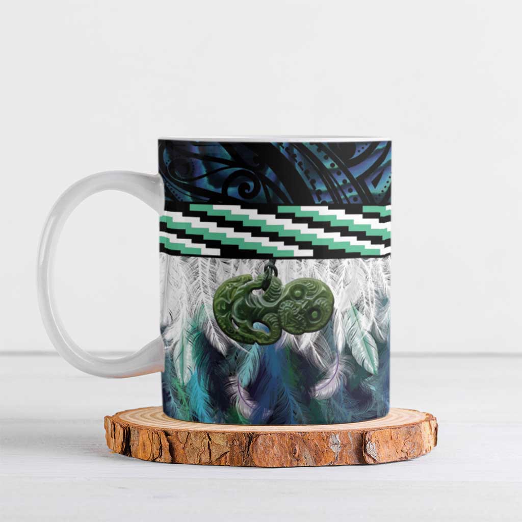 Turquoise Traditional Cloak Aotearoa Ceramic Mug Maori Paua Shell Korowai Pattern - Polynesian Pride