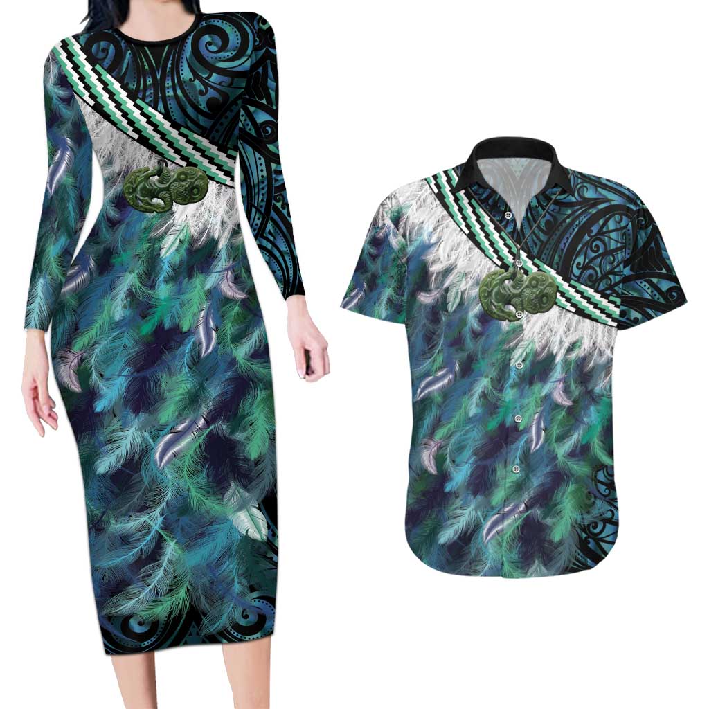 Turquoise Traditional Cloak Aotearoa Couples Matching Long Sleeve Bodycon Dress and Hawaiian Shirt Maori Paua Shell Korowai Pattern LT14 Turquoise - Polynesian Pride