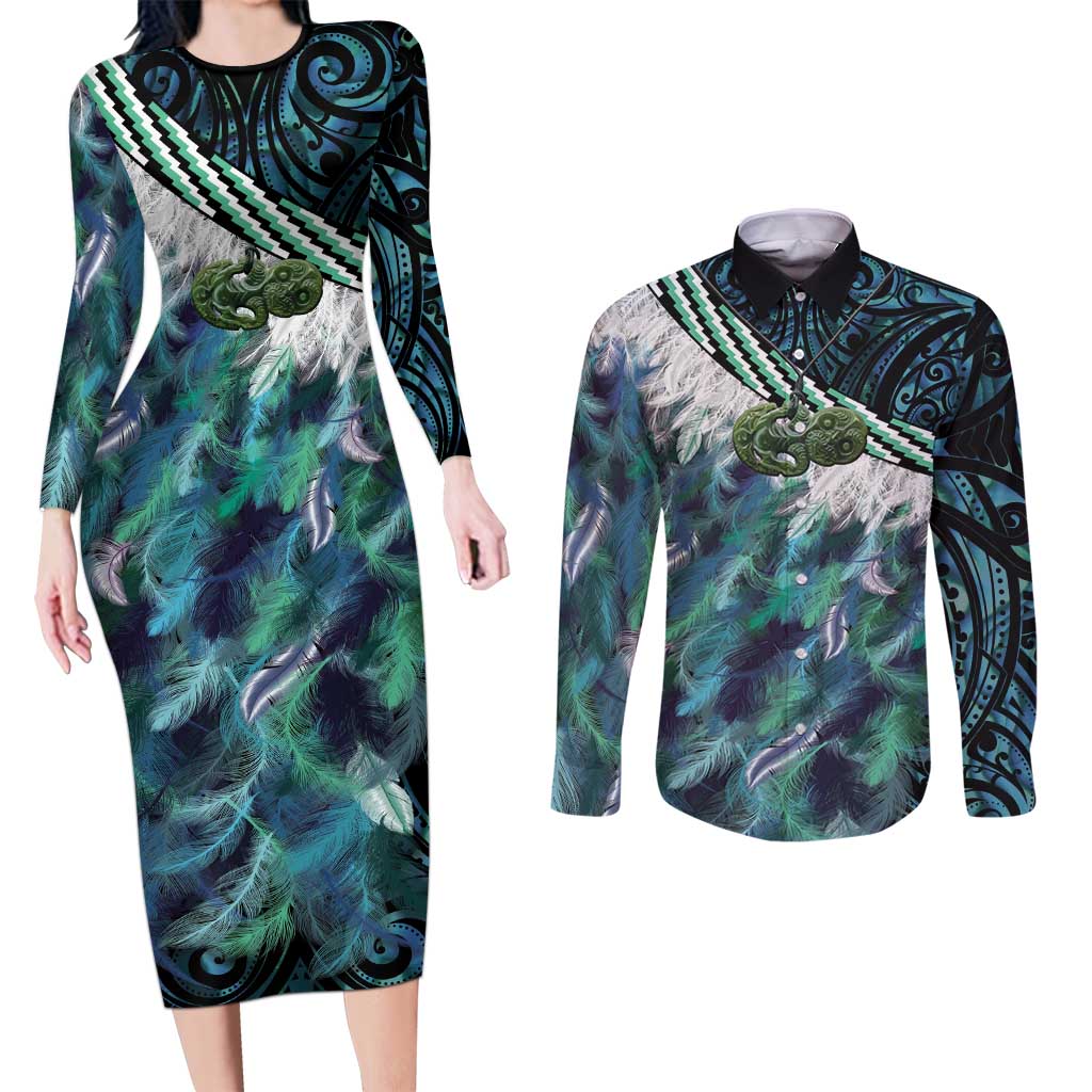 Turquoise Traditional Cloak Aotearoa Couples Matching Long Sleeve Bodycon Dress and Long Sleeve Button Shirt Maori Paua Shell Korowai Pattern