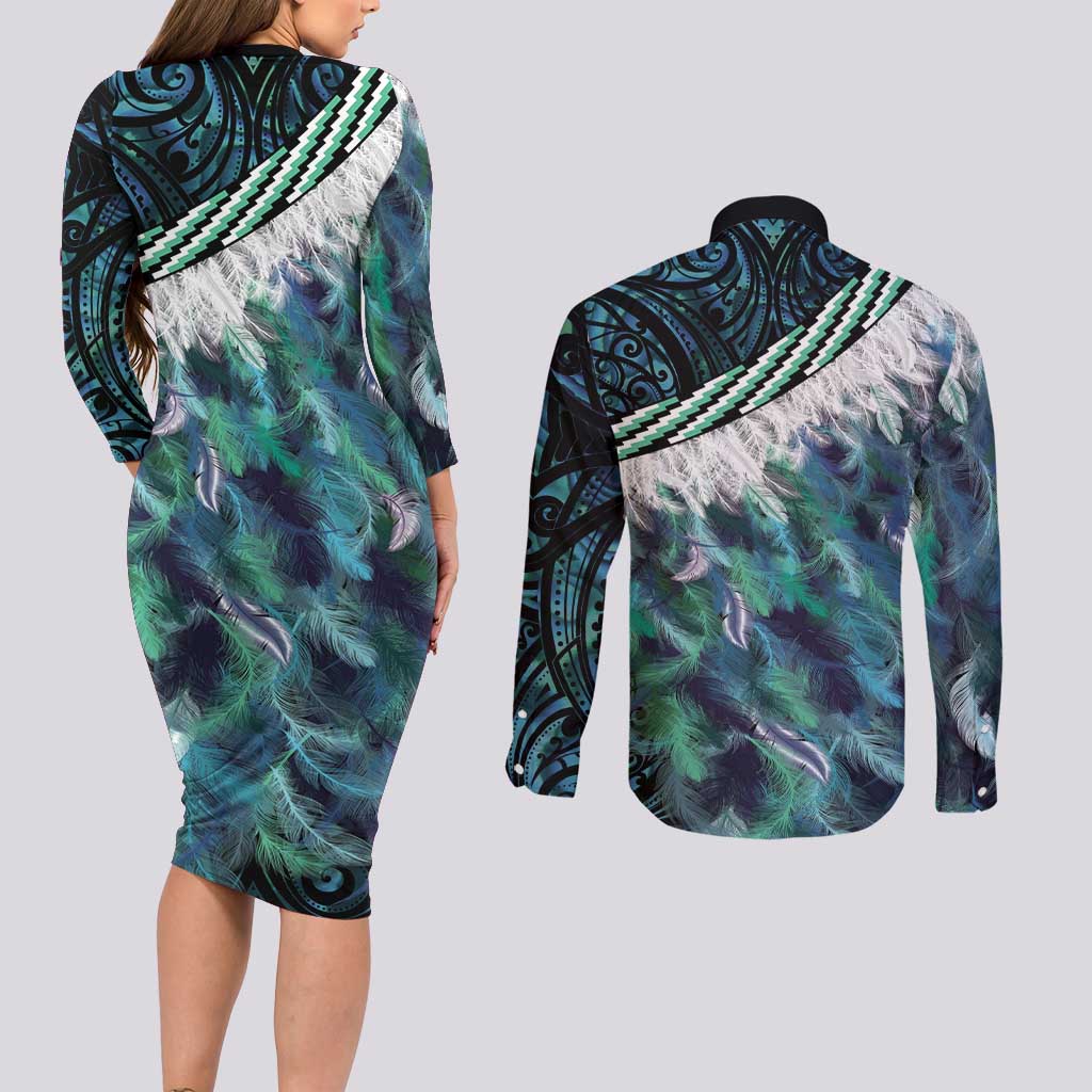Turquoise Traditional Cloak Aotearoa Couples Matching Long Sleeve Bodycon Dress and Long Sleeve Button Shirt Maori Paua Shell Korowai Pattern