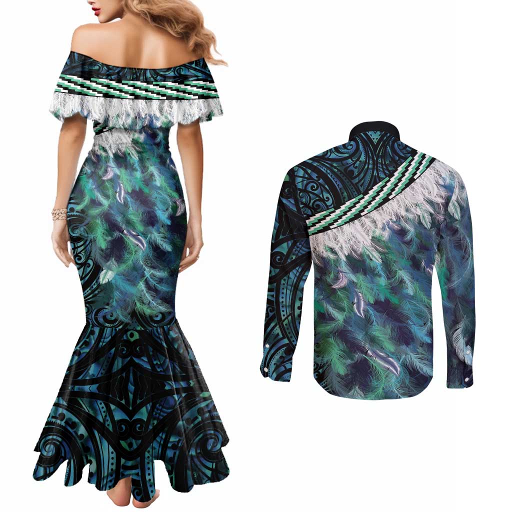 Turquoise Traditional Cloak Aotearoa Couples Matching Mermaid Dress and Long Sleeve Button Shirt Maori Paua Shell Korowai Pattern LT14 - Polynesian Pride