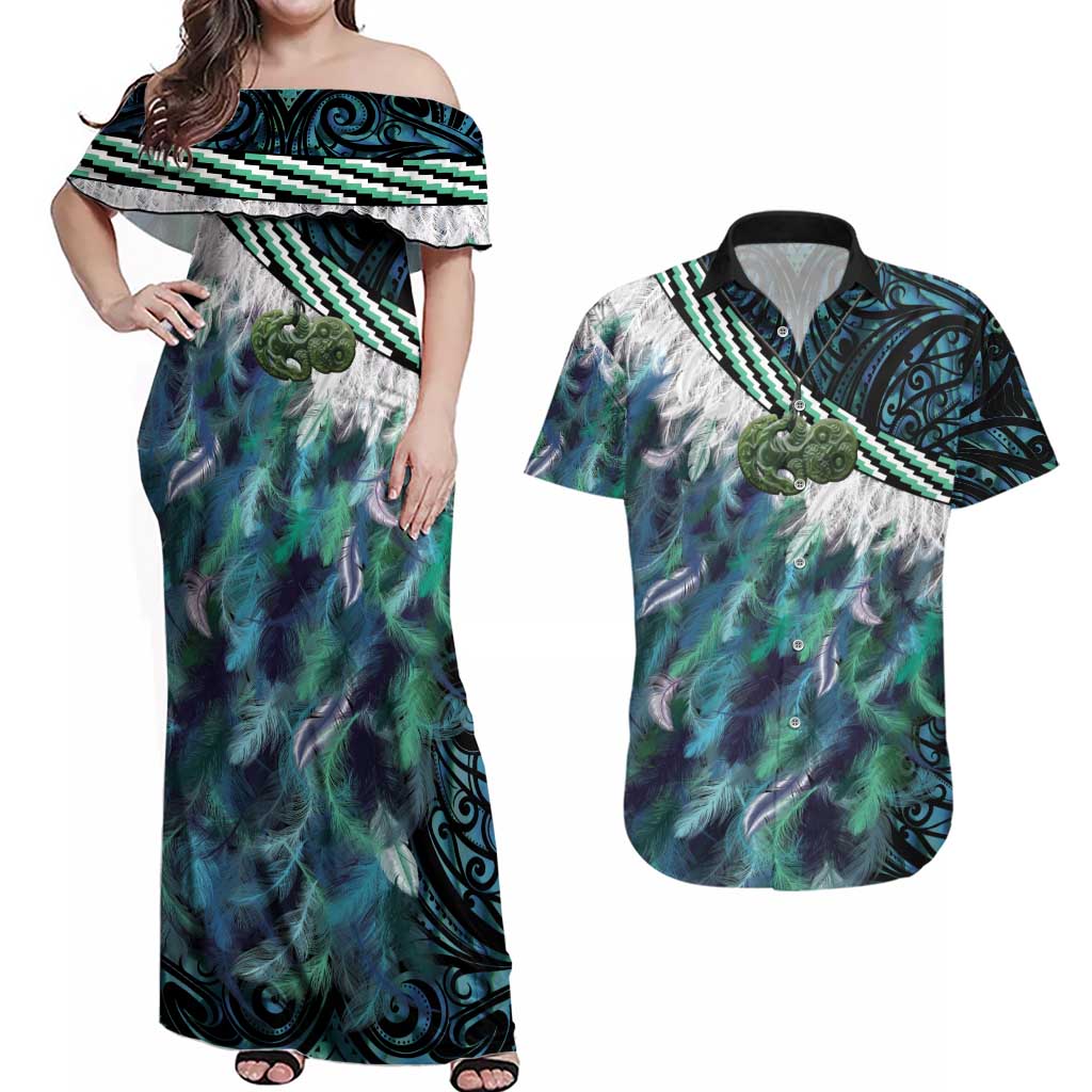 Turquoise Traditional Cloak Aotearoa Couples Matching Off Shoulder Maxi Dress and Hawaiian Shirt Maori Paua Shell Korowai Pattern LT14 Turquoise - Polynesian Pride