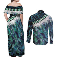 Turquoise Traditional Cloak Aotearoa Couples Matching Off Shoulder Maxi Dress and Long Sleeve Button Shirt Maori Paua Shell Korowai Pattern