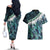 Turquoise Traditional Cloak Aotearoa Couples Matching Off The Shoulder Long Sleeve Dress and Hawaiian Shirt Maori Paua Shell Korowai Pattern