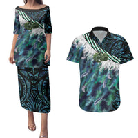 Turquoise Traditional Cloak Aotearoa Couples Matching Puletasi and Hawaiian Shirt Maori Paua Shell Korowai Pattern LT14 Turquoise - Polynesian Pride