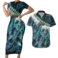 Turquoise Traditional Cloak Aotearoa Couples Matching Short Sleeve Bodycon Dress and Hawaiian Shirt Maori Paua Shell Korowai Pattern LT14 Turquoise - Polynesian Pride