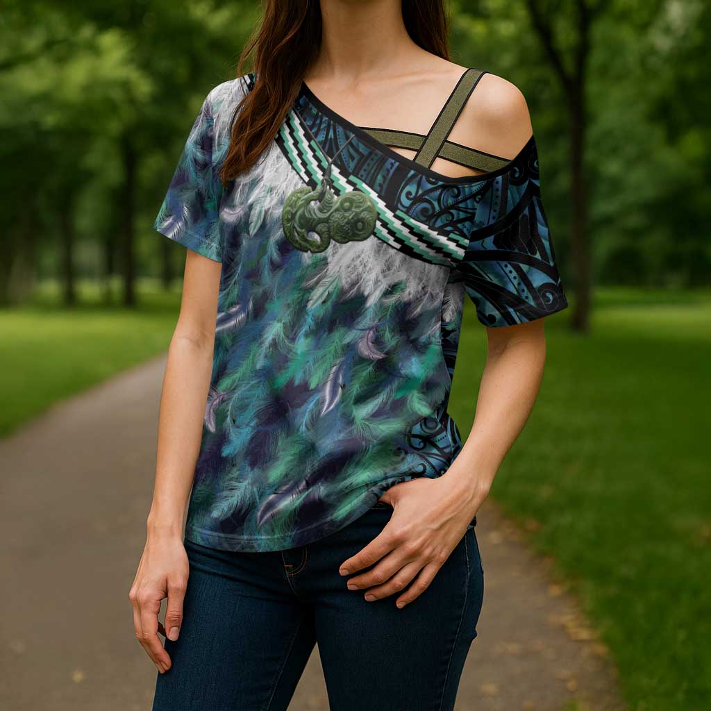 Turquoise Traditional Cloak Aotearoa Cross Shoulder Shirt Maori Paua Shell Korowai Pattern - Polynesian Pride