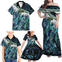 Turquoise Traditional Cloak Aotearoa Family Matching Off Shoulder Maxi Dress and Hawaiian Shirt Maori Paua Shell Korowai Pattern