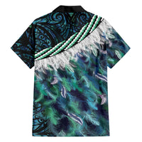 Turquoise Traditional Cloak Aotearoa Family Matching Off Shoulder Short Dress and Hawaiian Shirt Maori Paua Shell Korowai Pattern
