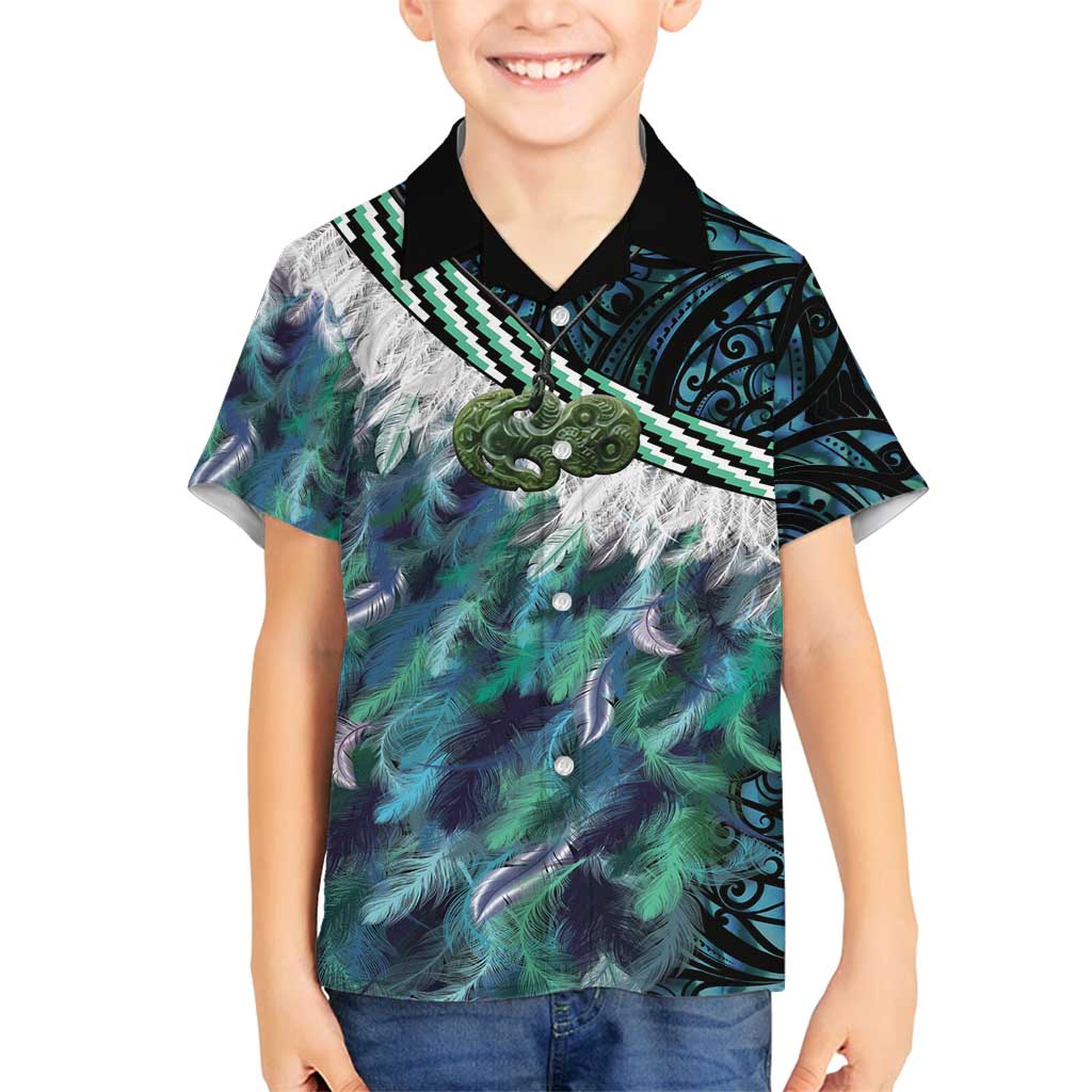 Turquoise Traditional Cloak Aotearoa Family Matching Off Shoulder Short Dress and Hawaiian Shirt Maori Paua Shell Korowai Pattern