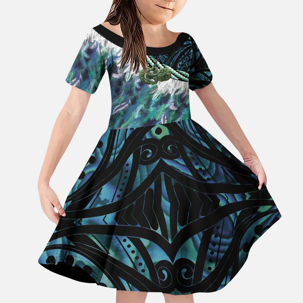 Turquoise Traditional Cloak Aotearoa Family Matching Puletasi and Hawaiian Shirt Maori Paua Shell Korowai Pattern LT14 Daughter's Dress Turquoise - Polynesian Pride