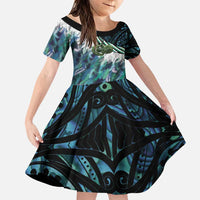 Turquoise Traditional Cloak Aotearoa Family Matching Puletasi and Hawaiian Shirt Maori Paua Shell Korowai Pattern LT14 Daughter's Dress Turquoise - Polynesian Pride