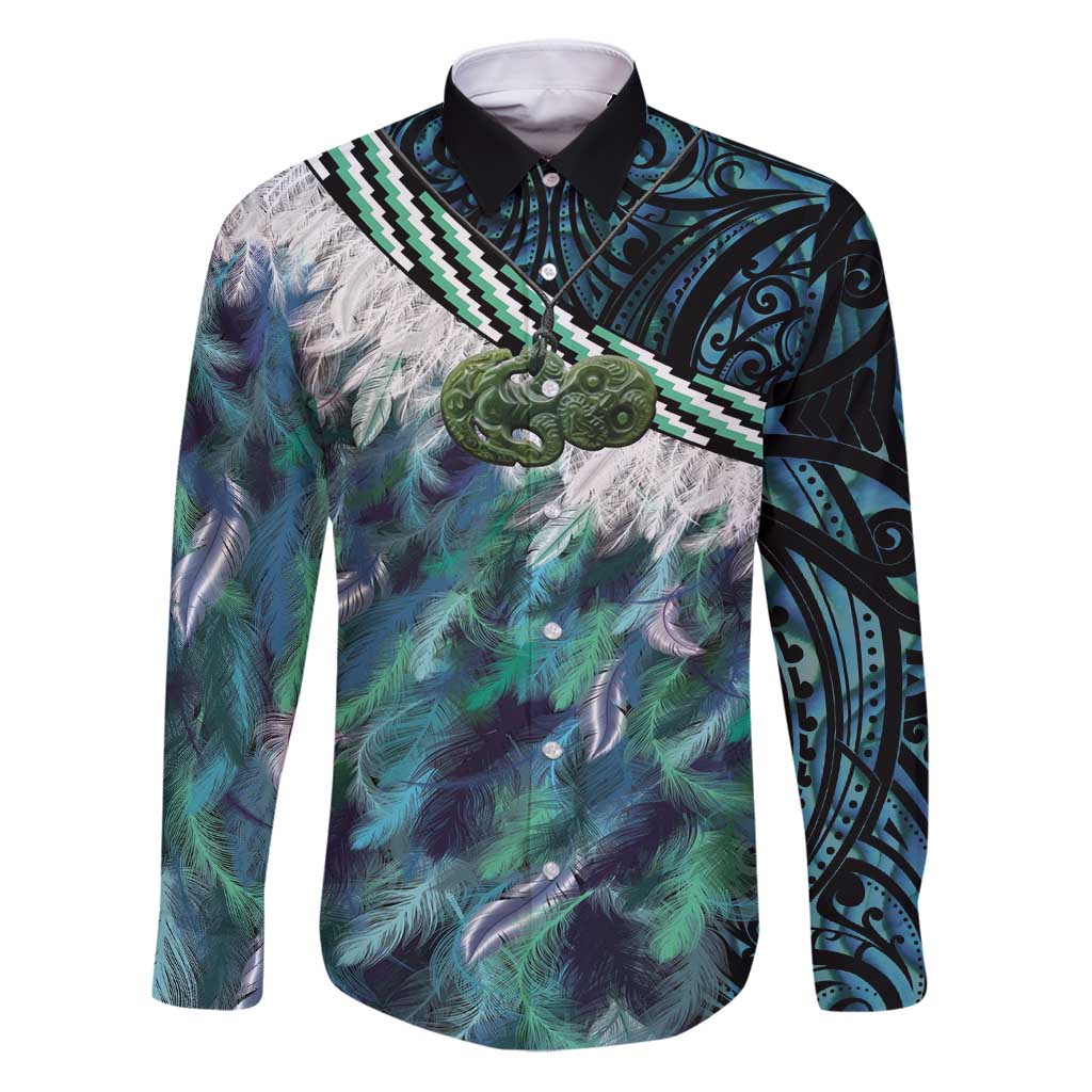 Turquoise Traditional Cloak Aotearoa Family Matching Puletasi and Hawaiian Shirt Maori Paua Shell Korowai Pattern LT14 Dad's Shirt - Long Sleeve Turquoise - Polynesian Pride