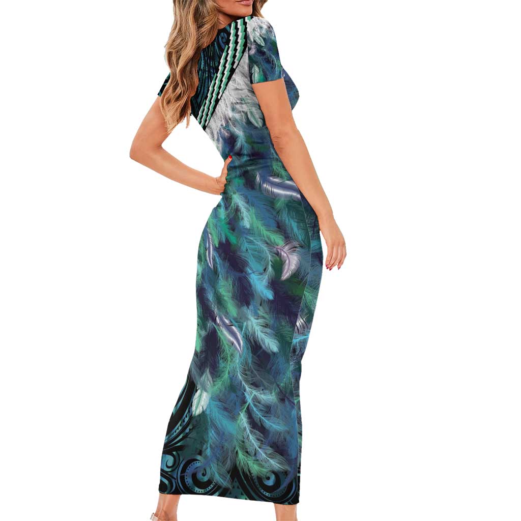 Turquoise Traditional Cloak Aotearoa Family Matching Short Sleeve Bodycon Dress and Hawaiian Shirt Maori Paua Shell Korowai Pattern