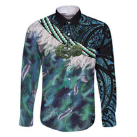 Turquoise Traditional Cloak Aotearoa Family Matching Summer Maxi Dress and Hawaiian Shirt Maori Paua Shell Korowai Pattern LT14 Dad's Shirt - Long Sleeve Turquoise - Polynesian Pride