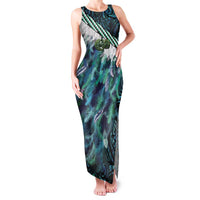 Turquoise Traditional Cloak Aotearoa Family Matching Tank Maxi Dress and Hawaiian Shirt Maori Paua Shell Korowai Pattern