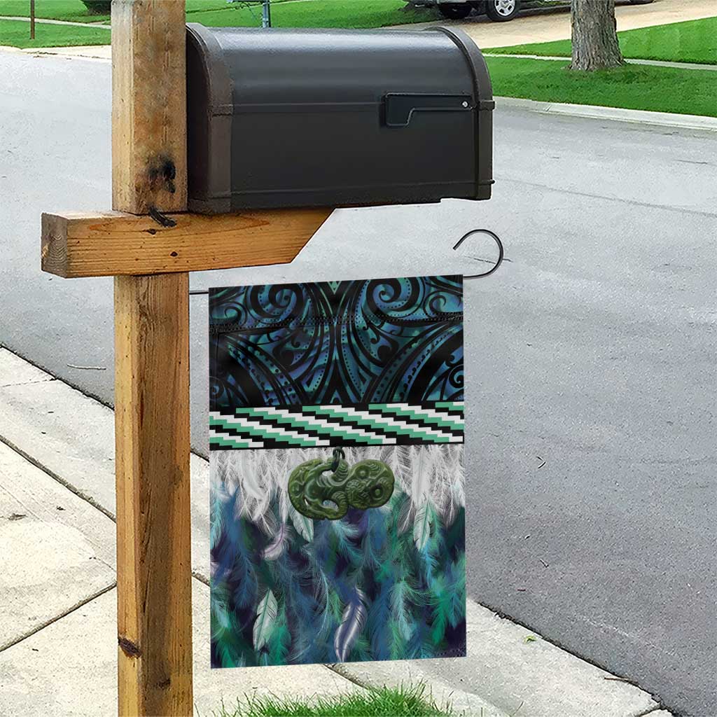 Turquoise Traditional Cloak Aotearoa Garden Flag Maori Paua Shell Korowai Pattern