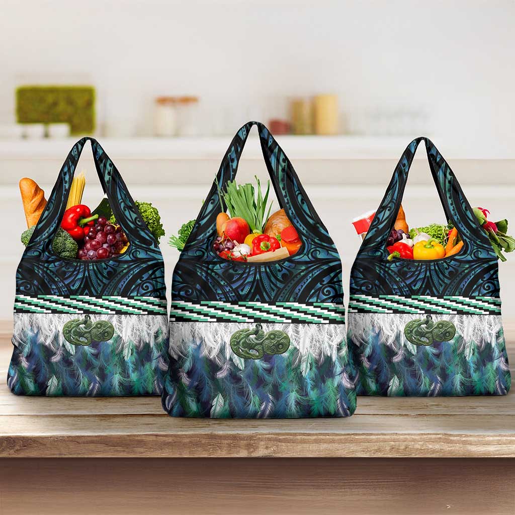 Turquoise Traditional Cloak Aotearoa Grocery Bag Maori Paua Shell Korowai Pattern LT14 3-pack One Size Turquoise - Polynesian Pride