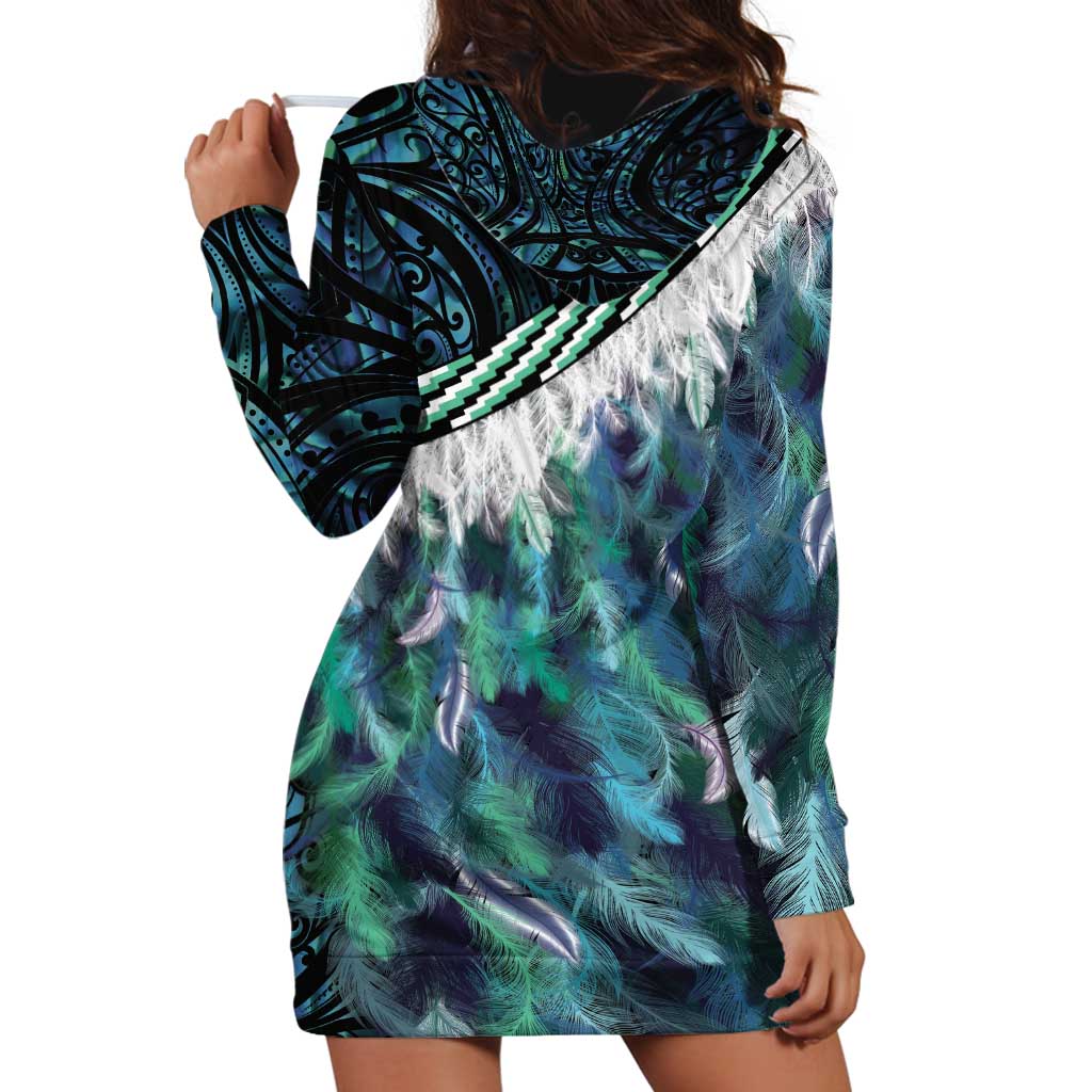 Turquoise Traditional Cloak Aotearoa Hoodie Dress Maori Paua Shell Korowai Pattern