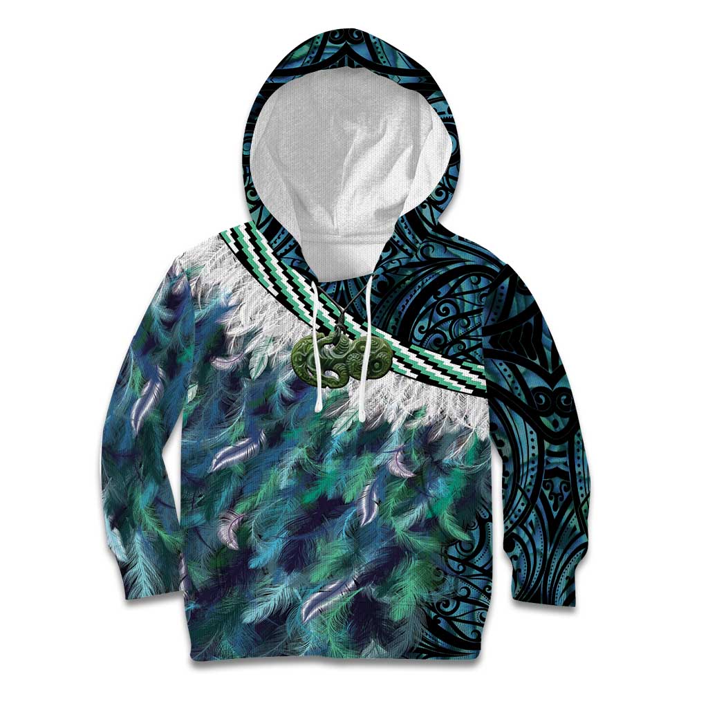 Turquoise Traditional Cloak Aotearoa Kid Hoodie Maori Paua Shell Korowai Pattern