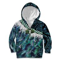 Turquoise Traditional Cloak Aotearoa Kid Hoodie Maori Paua Shell Korowai Pattern