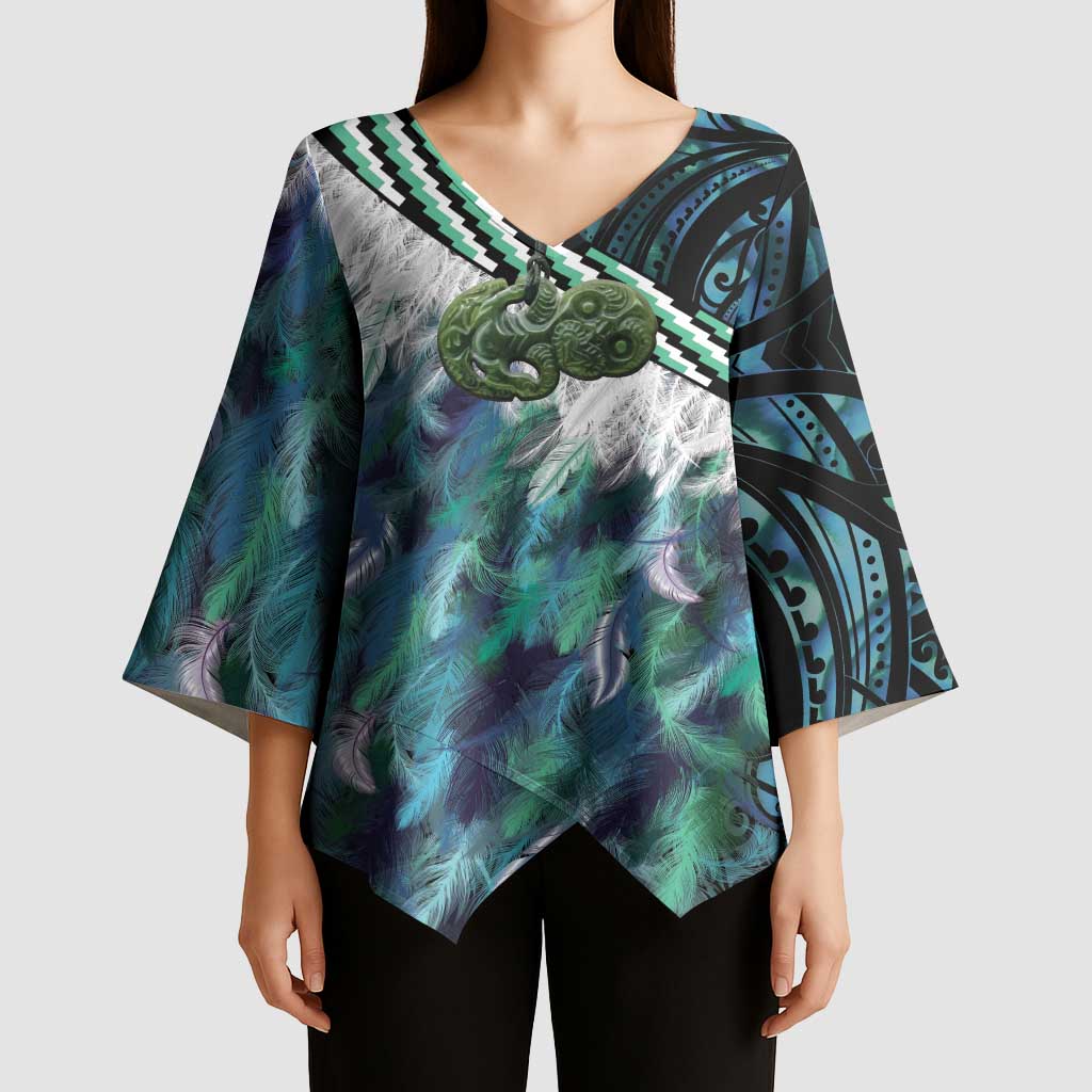 Turquoise Traditional Cloak Aotearoa Kimono Sleeve Blouse Maori Paua Shell Korowai Pattern - Polynesian Pride