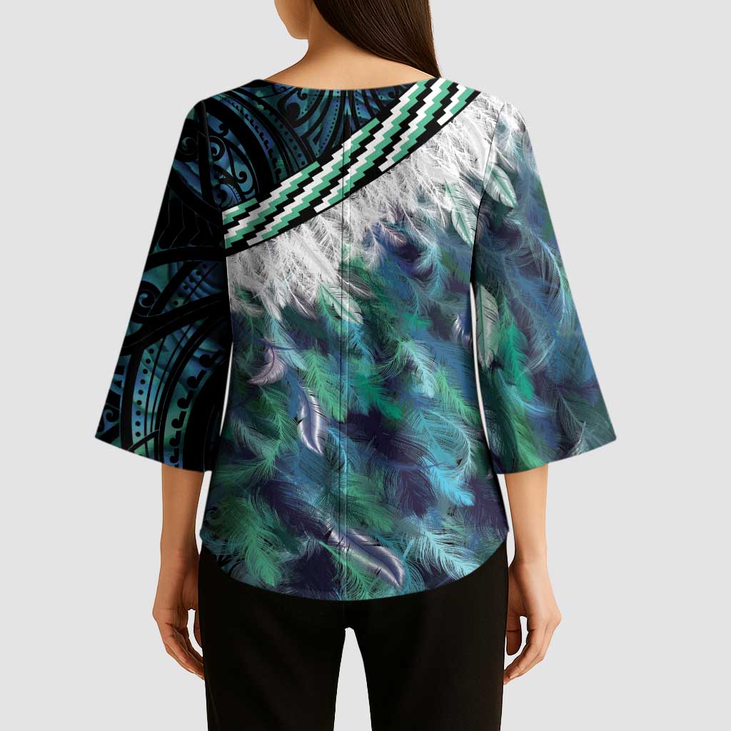 Turquoise Traditional Cloak Aotearoa Kimono Sleeve Blouse Maori Paua Shell Korowai Pattern - Polynesian Pride