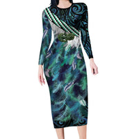 Turquoise Traditional Cloak Aotearoa Long Sleeve Bodycon Dress Maori Paua Shell Korowai Pattern