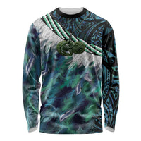 Turquoise Traditional Cloak Aotearoa Long Sleeve Shirt Maori Paua Shell Korowai Pattern