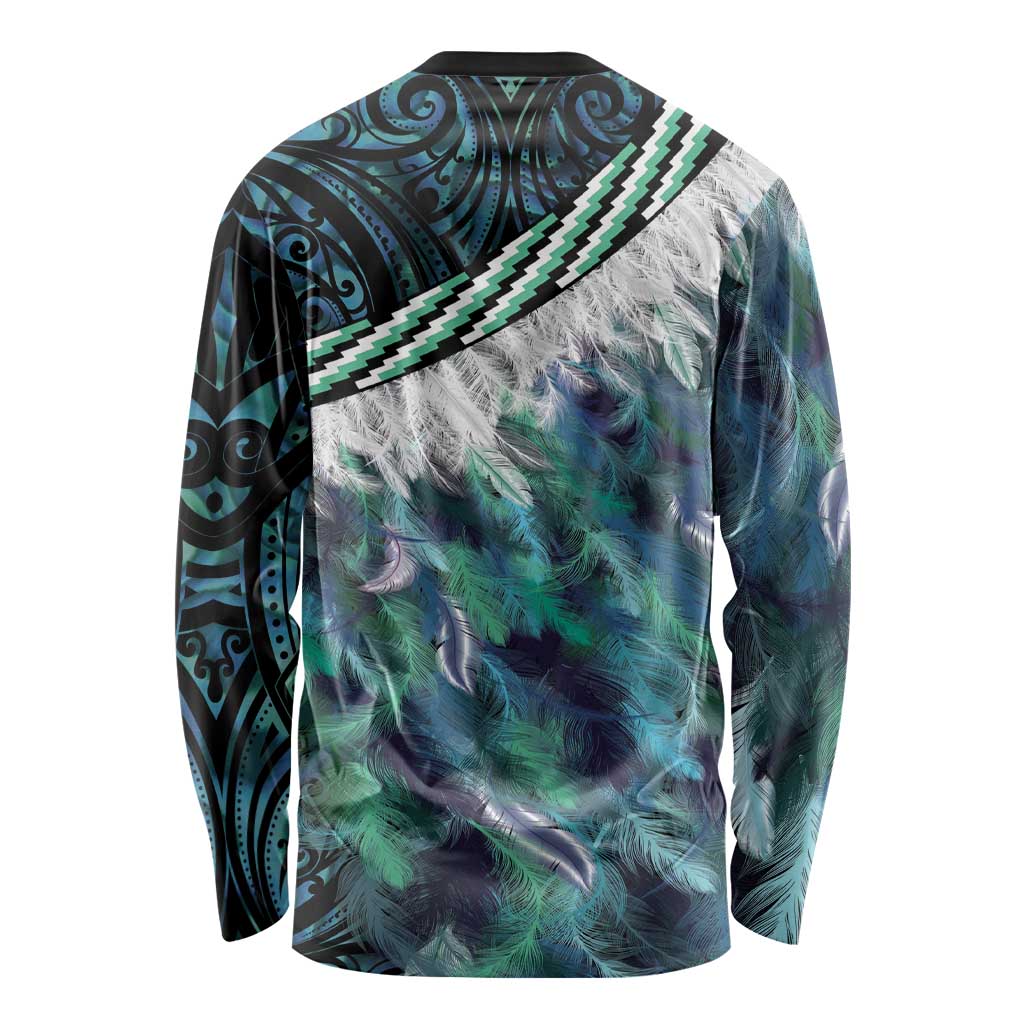 Turquoise Traditional Cloak Aotearoa Long Sleeve Shirt Maori Paua Shell Korowai Pattern