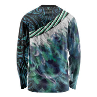 Turquoise Traditional Cloak Aotearoa Long Sleeve Shirt Maori Paua Shell Korowai Pattern