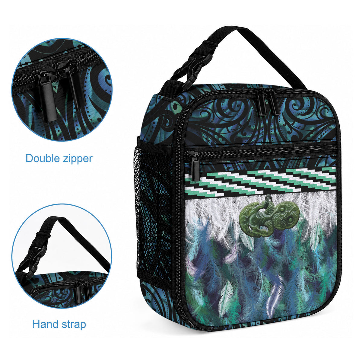 Turquoise Traditional Cloak Aotearoa Lunch Bag Maori Paua Shell Korowai Pattern LT14 - Polynesian Pride