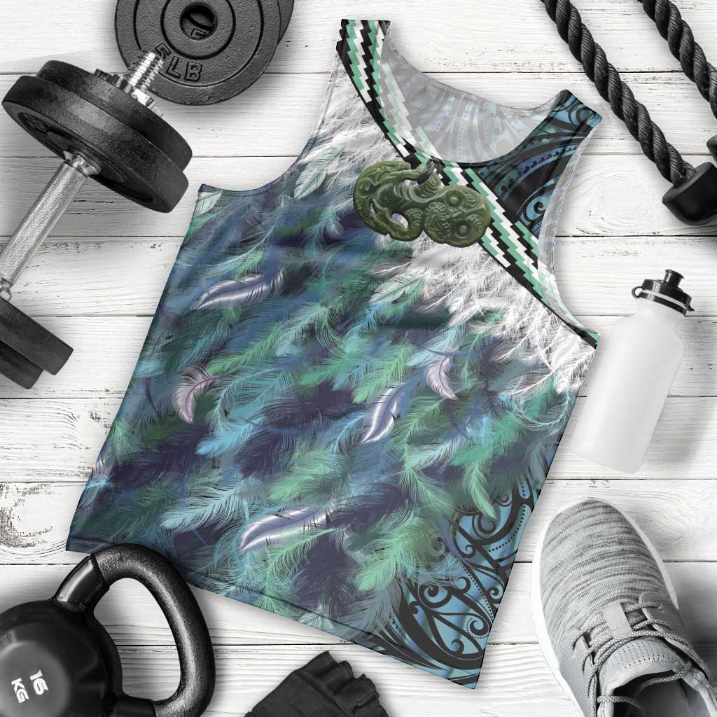 Turquoise Traditional Cloak Aotearoa Men Tank Top Maori Paua Shell Korowai Pattern