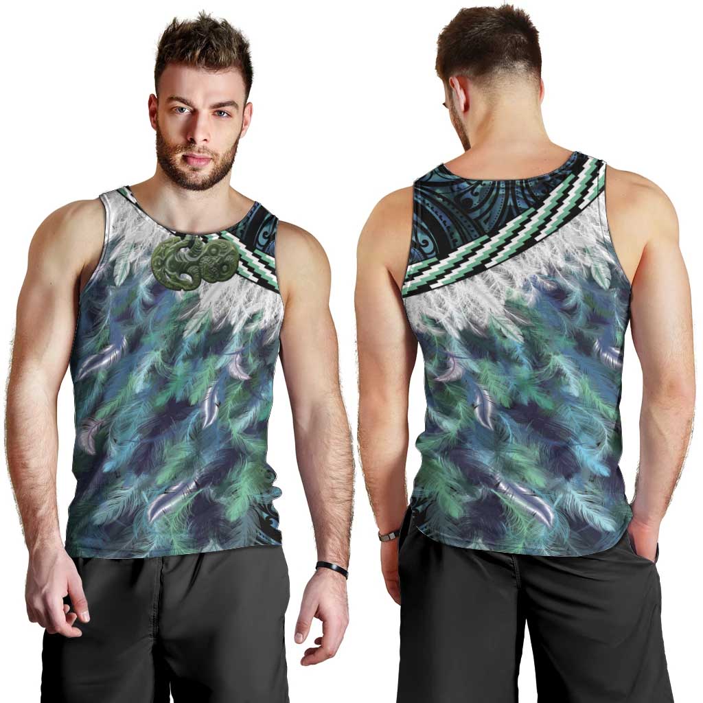 Turquoise Traditional Cloak Aotearoa Men Tank Top Maori Paua Shell Korowai Pattern