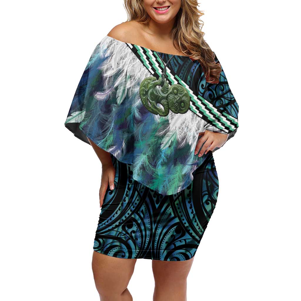 Turquoise Traditional Cloak Aotearoa Off Shoulder Short Dress Maori Paua Shell Korowai Pattern
