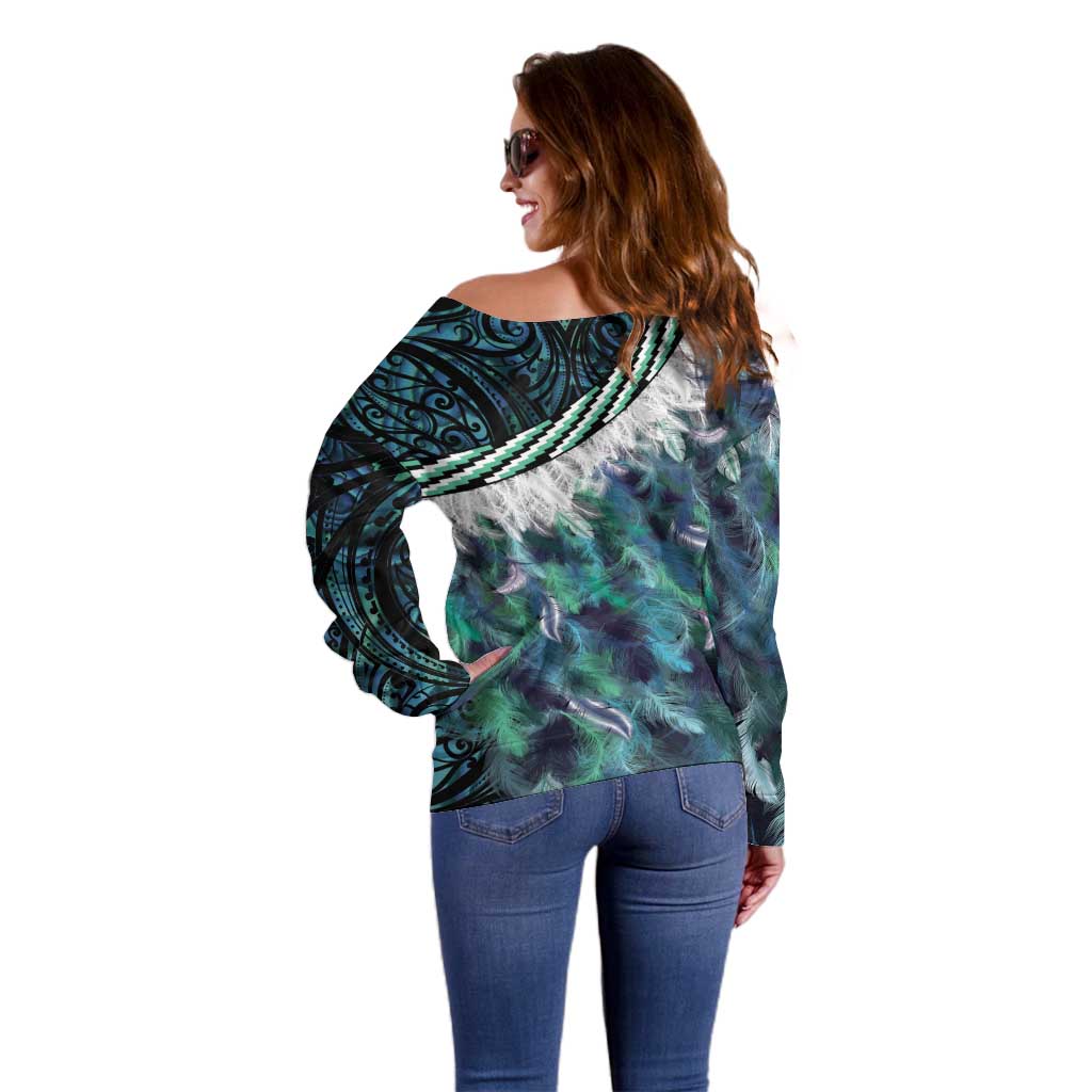 Turquoise Traditional Cloak Aotearoa Off Shoulder Sweater Maori Paua Shell Korowai Pattern