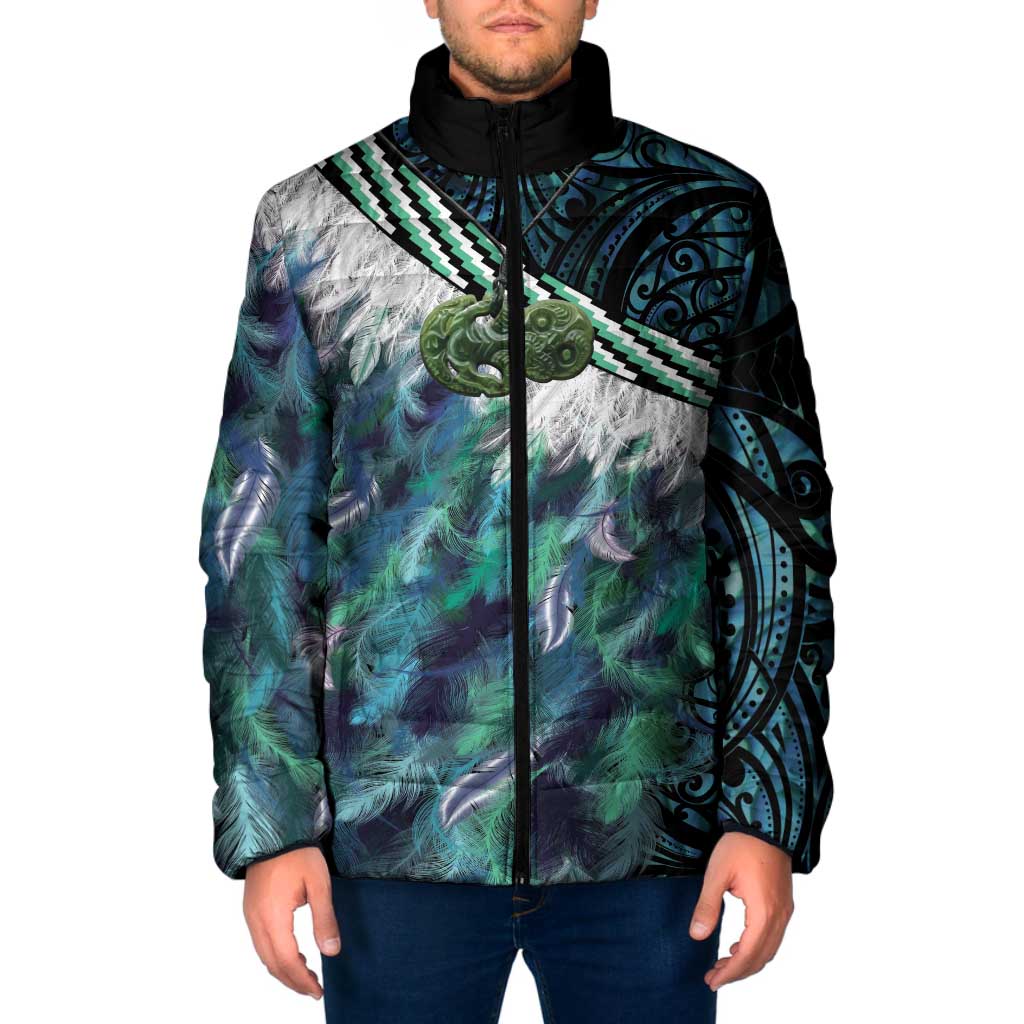 Turquoise Traditional Cloak Aotearoa Padded Jacket Maori Paua Shell Korowai Pattern - Polynesian Pride