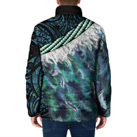 Turquoise Traditional Cloak Aotearoa Padded Jacket Maori Paua Shell Korowai Pattern - Polynesian Pride