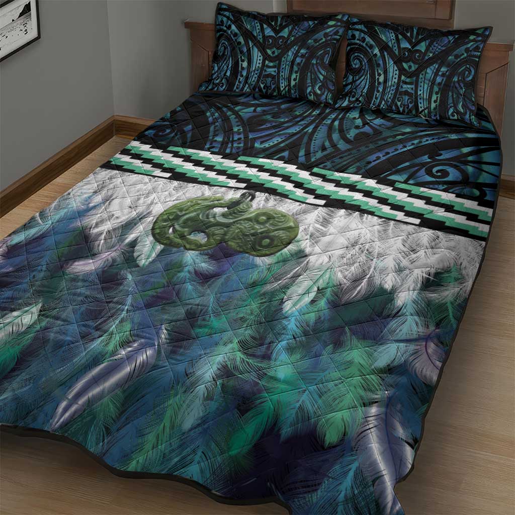 Turquoise Traditional Cloak Aotearoa Quilt Bed Set Maori Paua Shell Korowai Pattern
