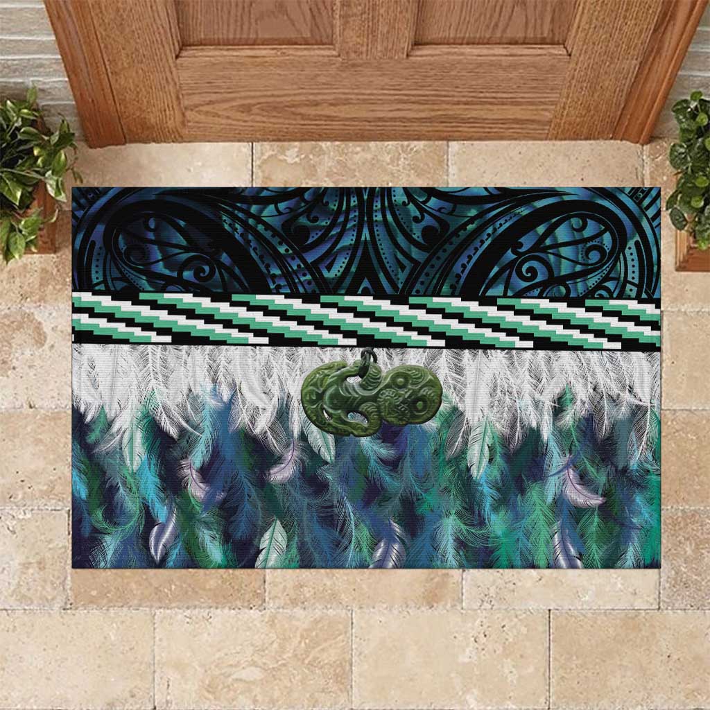 Turquoise Traditional Cloak Aotearoa Rubber Doormat Maori Paua Shell Korowai Pattern LT14 Turquoise - Polynesian Pride
