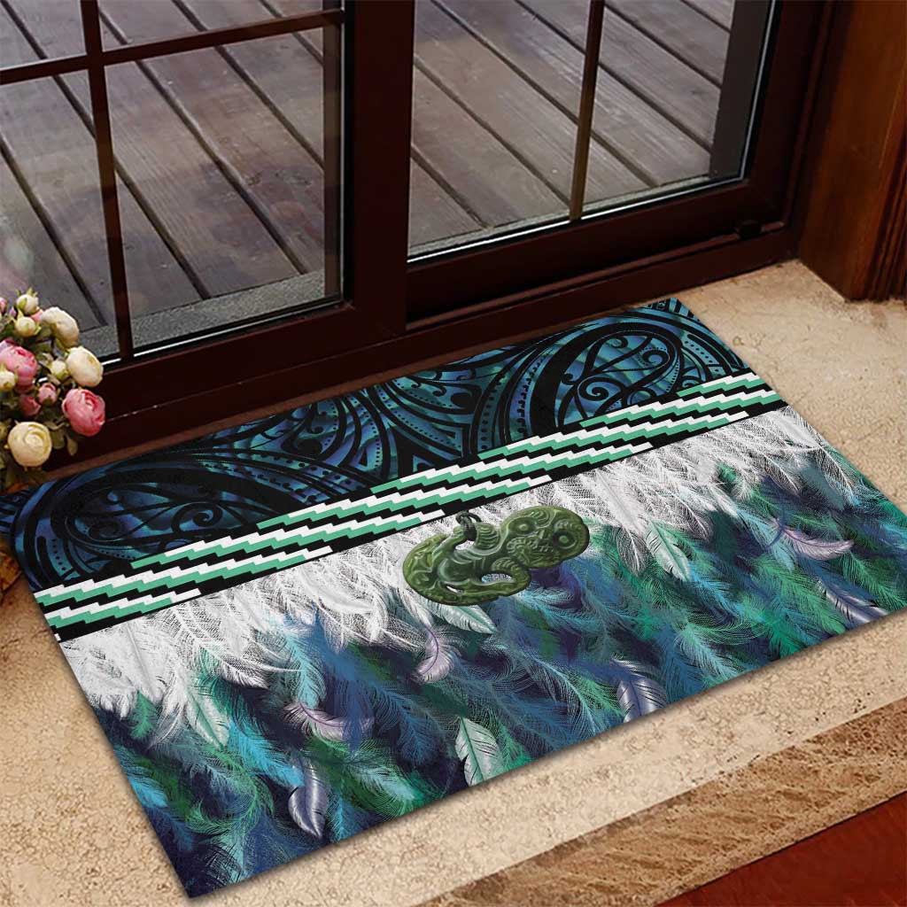 Turquoise Traditional Cloak Aotearoa Rubber Doormat Maori Paua Shell Korowai Pattern LT14 - Polynesian Pride